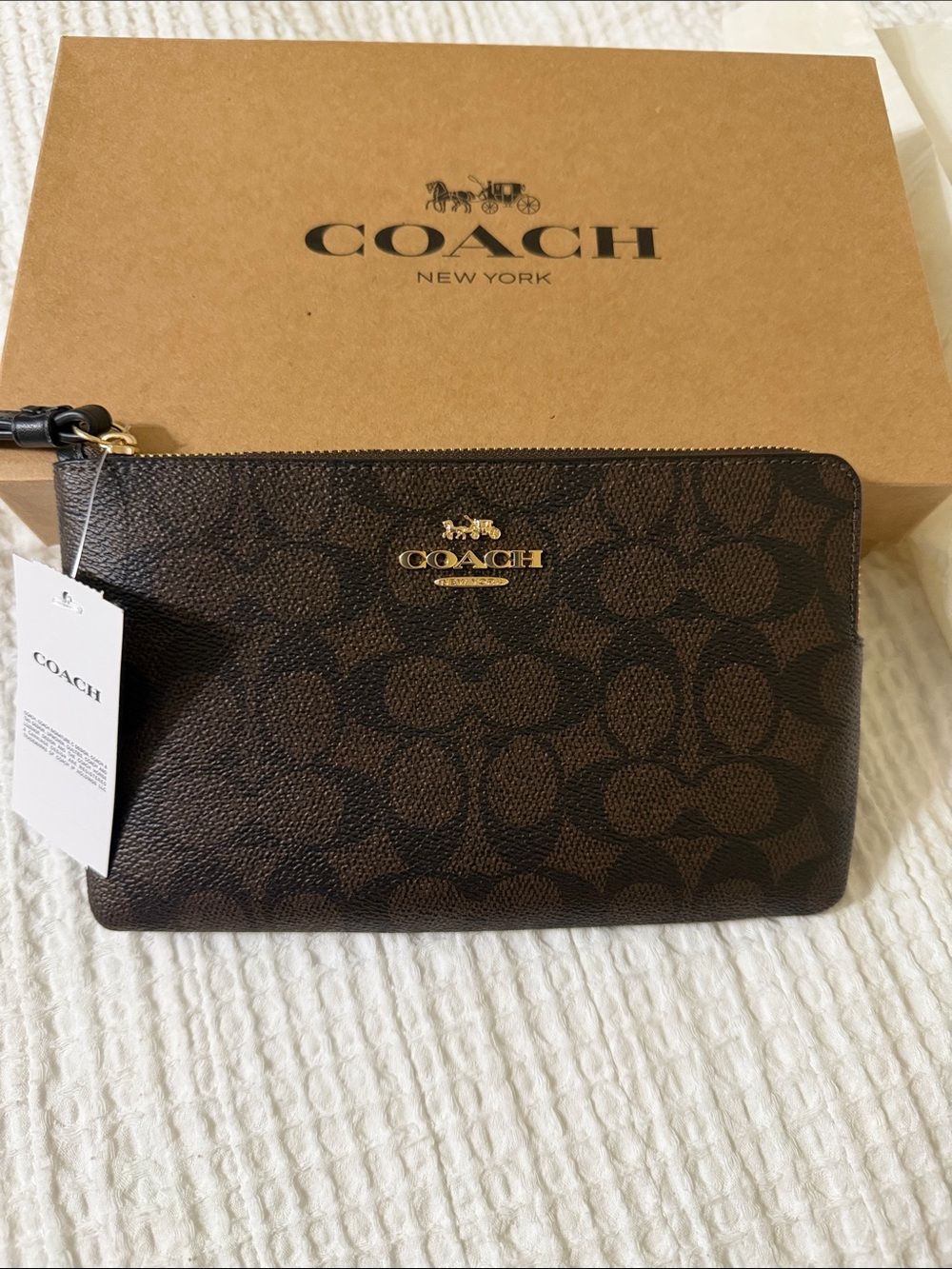 Coach Brown Signature Canvas Zip Wristlet with Gold Logo (final sale)